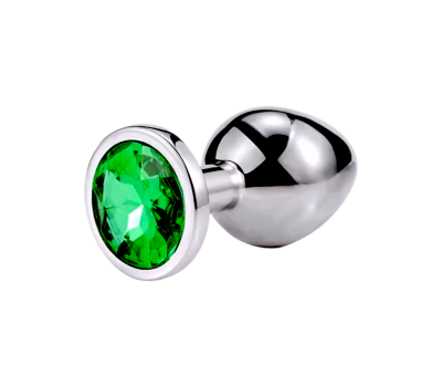 Металлическая анальная пробка Silver, green crystal, размер М