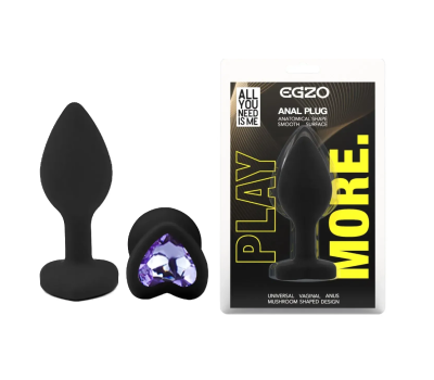 Силиконовая анальная пробка EGZO - Silicone Black Heart Plug Amethyst, size S