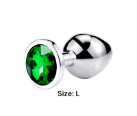 Металлическая анальная втулка Silver, green crystal, размер L