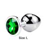 Металлическая анальная втулка Silver, green crystal, размер L