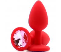 Красная силиконовая анальная пробка с розовым кристаллом, M
