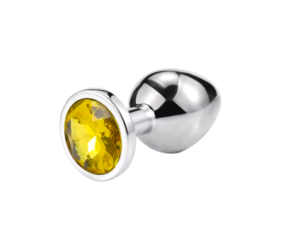 Металлическая анальная пробка Silver, yellow crystal размер М