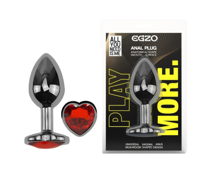 Анальная пробка с кристаллом EGZO - Dark Silver Heart Plug Red size S