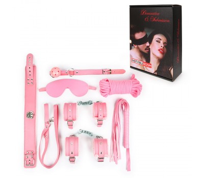 НАБОР (маска, кляп, верёвка, плётка, ошейник, наручники, оковы) цвет розовый+Подарок
