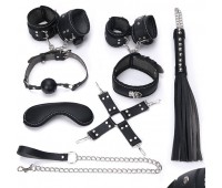 НАБОР (маска, ошейник, кляп, фиксатор, наручники, оковы, плеть) цвет чёрный