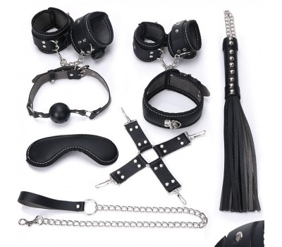 НАБОР (маска, ошейник, кляп, фиксатор, наручники, оковы, плеть) цвет чёрный