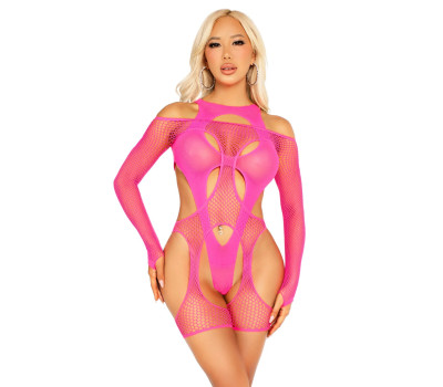 Бодистокинг Leg Avenue Fishnet Garter Harness and Teddy One Size Neon Pink