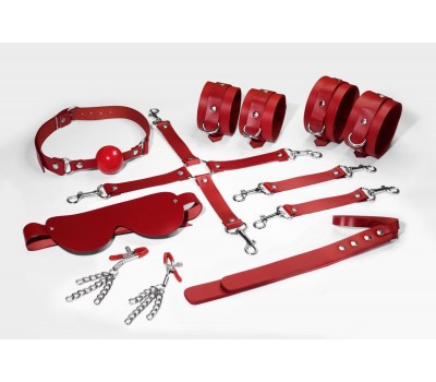 Набор Feral Feelings BDSM Kit 7 Red, наручники, поножи, коннектор, маска, паддл, кляп, зажимы