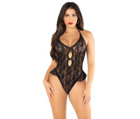 Боди Leg Avenue Lace Floral Lace Halter Teddy with Flutter Accent One Size, Black