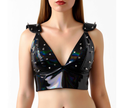 Лакированный виниловый лиф с шипами Art of Sex - Mistress, черный с эффектом голограммы, размер L Лакированный виниловый лиф с шипами Art of Sex - Mistress, черный с эффектом голограммы, размер L