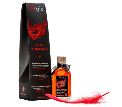 Набор для массажа Orgie – Sexy Therapy Strawberry (100 мл), съедобное разогревающее масло + перышко