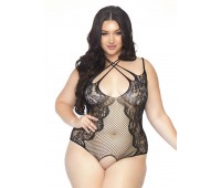 Leg Avenue Net and lace crotchless teddy Black 1X-2X