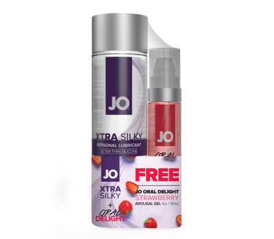 Распродажа!!! Комплект JO GWP - Xtra Silky Silicone (120 мл) & Oral Delight - Strawberry (30 мл) (срок 10.2025)