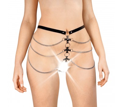 Сексуальные кожаные трусики украшенные цепями Art of sex - Cross, цвет Черный, размер L-2XL
