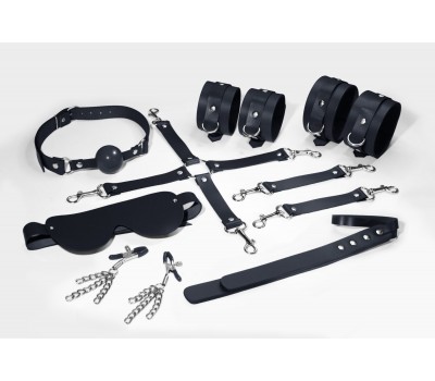 Набор Feral Feelings BDSM Kit 7 Black, наручники, поножи, коннектор, маска, паддл, кляп, зажимы